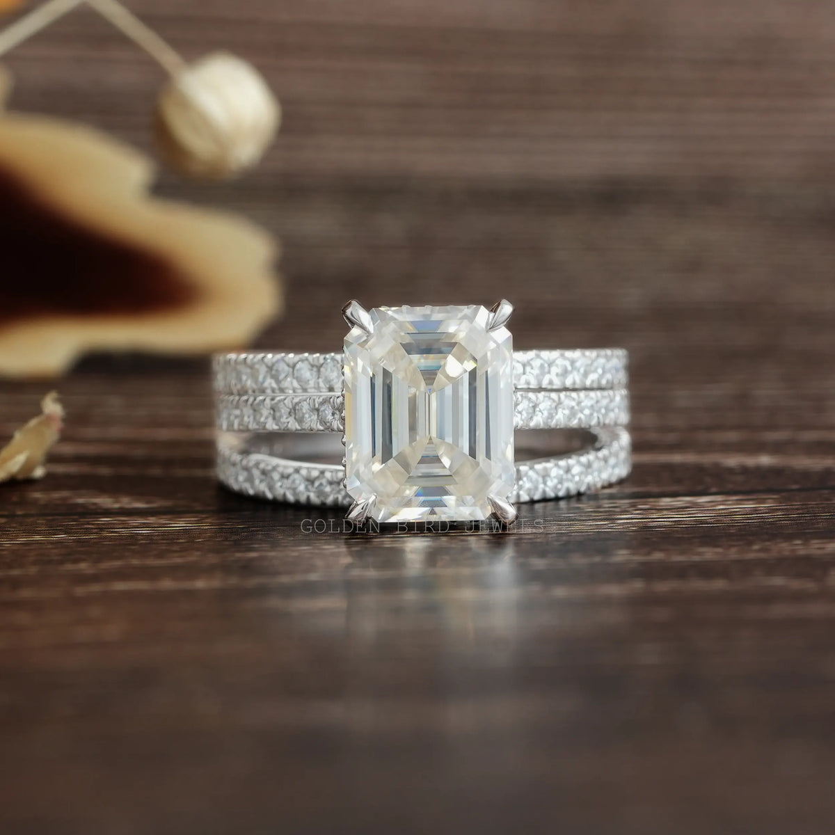 View of Emerald Moissanite Ring With Two Eternity Matching Bands