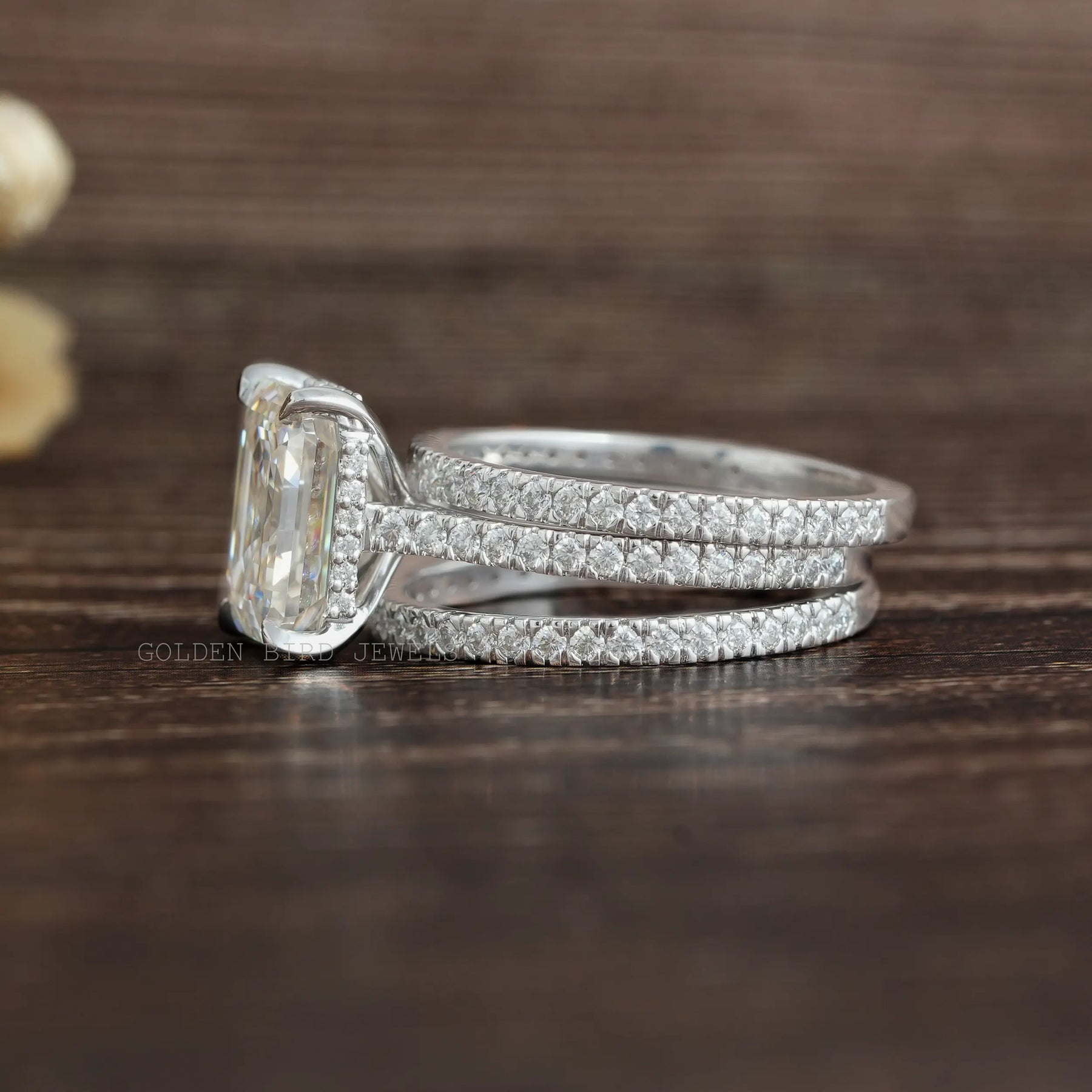 [Hidden Halo Moissanite Emerald Cut Wedding Ring Set]-[Golden Bird Jewels]