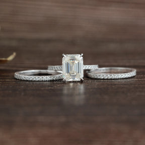 [Emerald Cut Moissanite Wedding Band Ring Set Made Of 4 Prongs]-[Golden Bird Jewels]