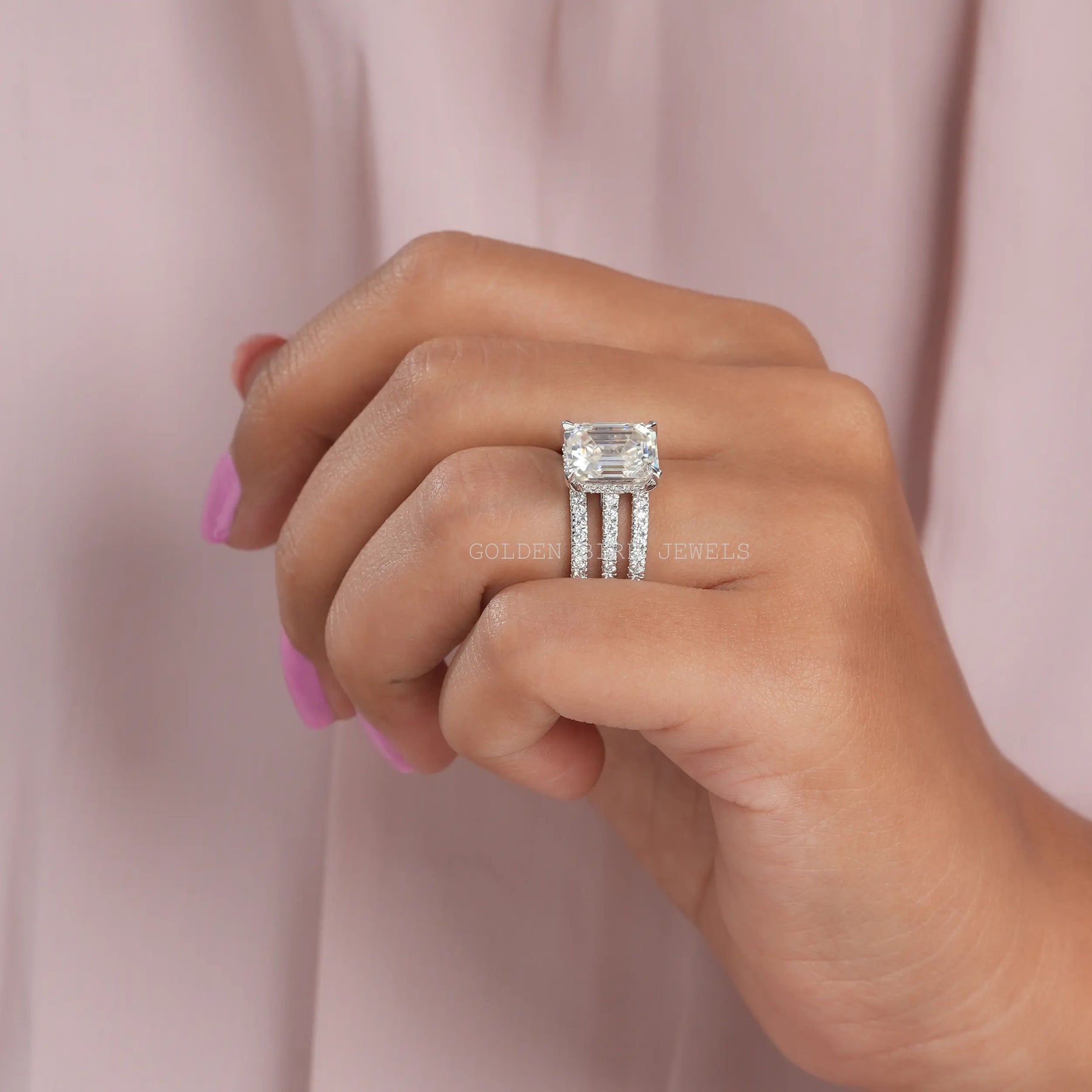 Emerald Moissanite Ring With Two Eternity Matching Bands