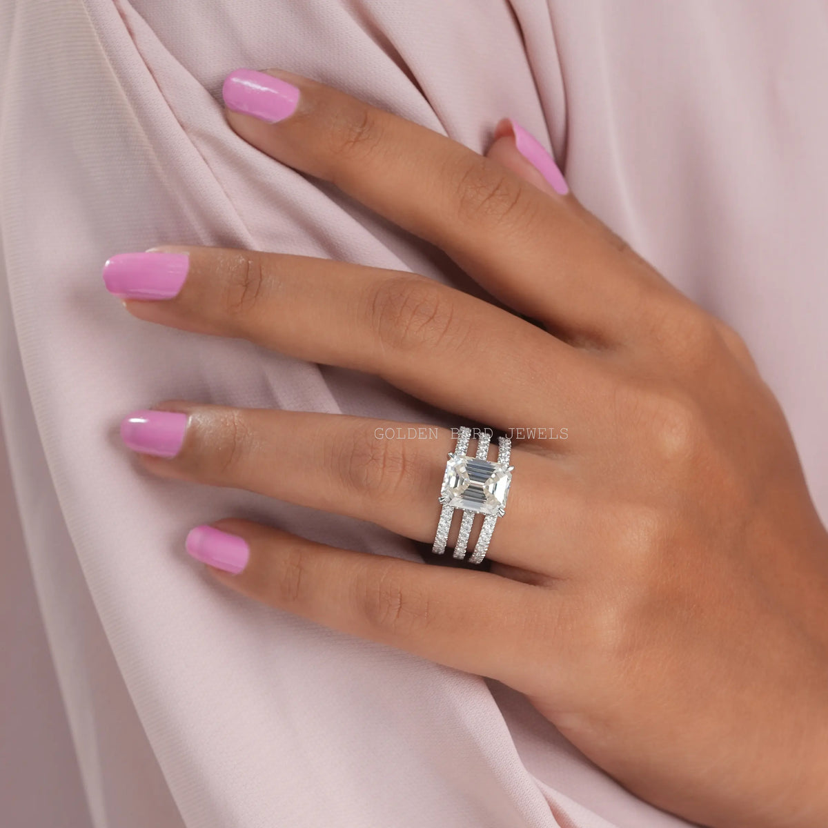 Detailed View Emerald Cut Moissanite Ring In White Gold