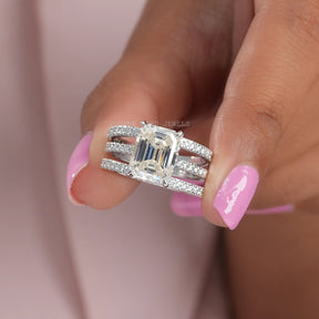 [Emerald Cut Moissanite Ring With Two Matching Bands]-[Golden Bird Jewels]