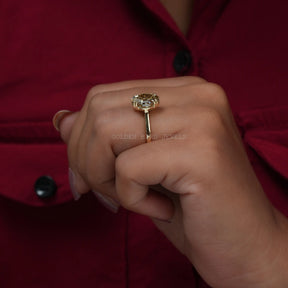 In Finger Side View Of Fancy Cut Yellow Moissanite Solitaire Ring