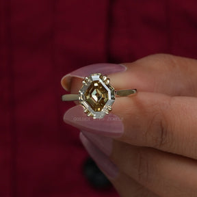 Beautiful Front View Of Double Prong Fancy Color Antique Step Cut Moissanite Solitaire Ring