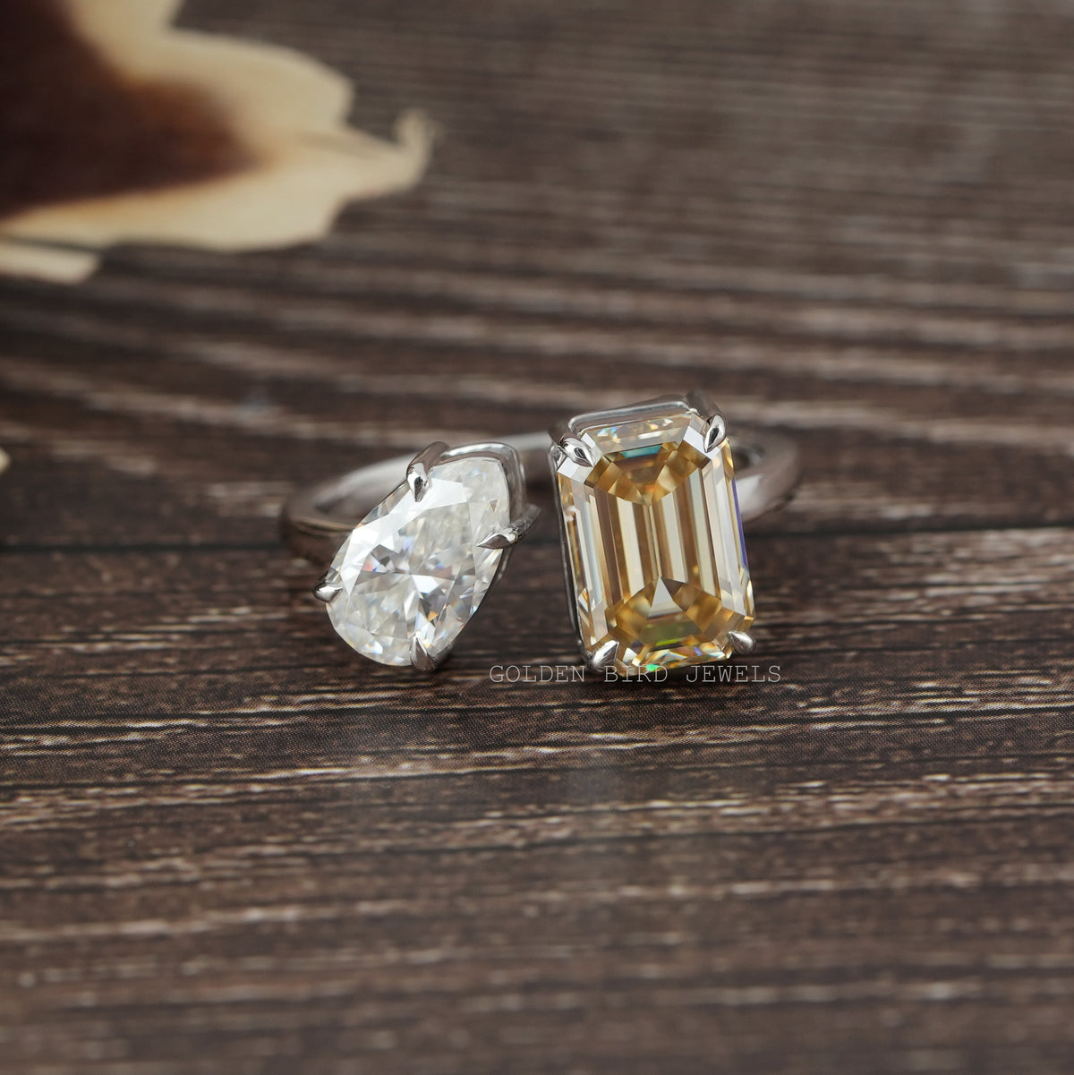 View of Pear And Emerald Cut Toi Et Moi Moissanite Ring In White Gold 