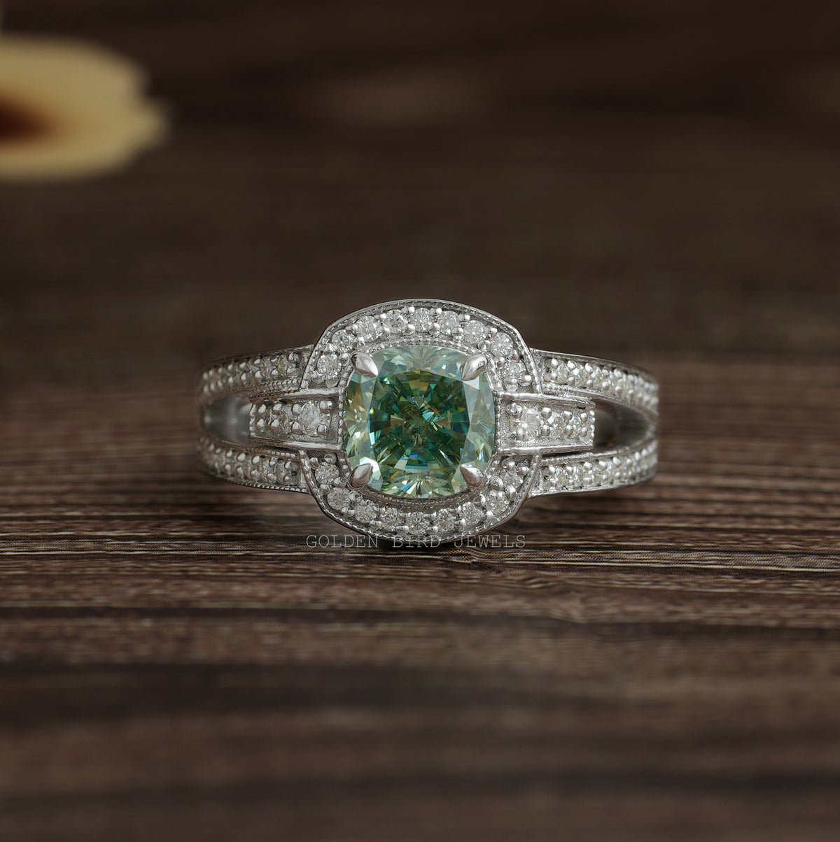 [Cushion Cut Moissanite Halo Engagement Ring]-[Golden Bird Jewels]