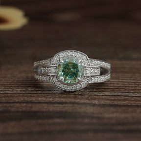 Blue Green Cushion Cut Moissanite Halo Engagement Ring