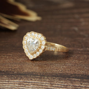 [Halo Moissanite Heart Cut Engagement Ring Made Of 14k Yellow Gold]-[Golden Bird Jewels]