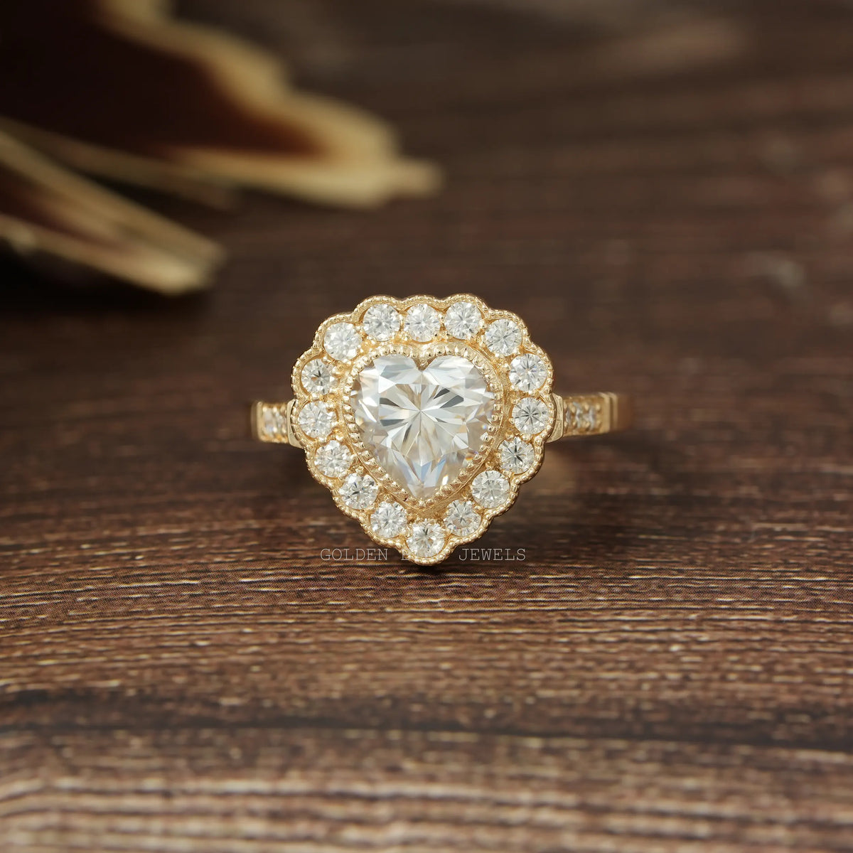 [2 Carat Heart Cut Halo Moissanite Engagement Ring]-[Golden Bird Jewels]