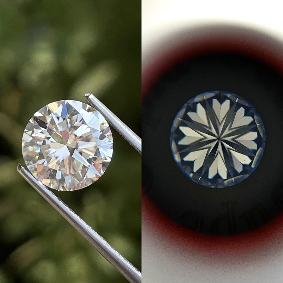 Tweezers holding the Heart And Arrow Round Cut Loose Moissanite 