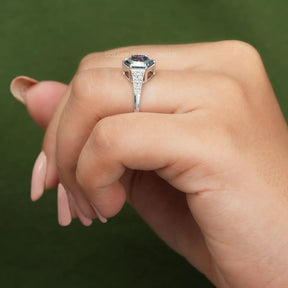 In Finger Side Look Of Grey Hexagon Cut Center Stone And Colorless Round CUt Side Stone Moissanite Engagement Ring