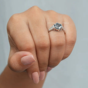 In Finger Front Side View OF Vintage Style Grey hexagon Cut Moissnaite Engagement Ring
