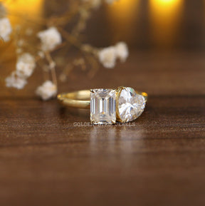 [Heart & Emerald Cut Moissanite Two Stone Ring]-[Golden Bird Jewels]