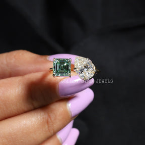 [Pear & Asscher Cut Moissanite Engagement Ring]-[Golden Bird Jewels]