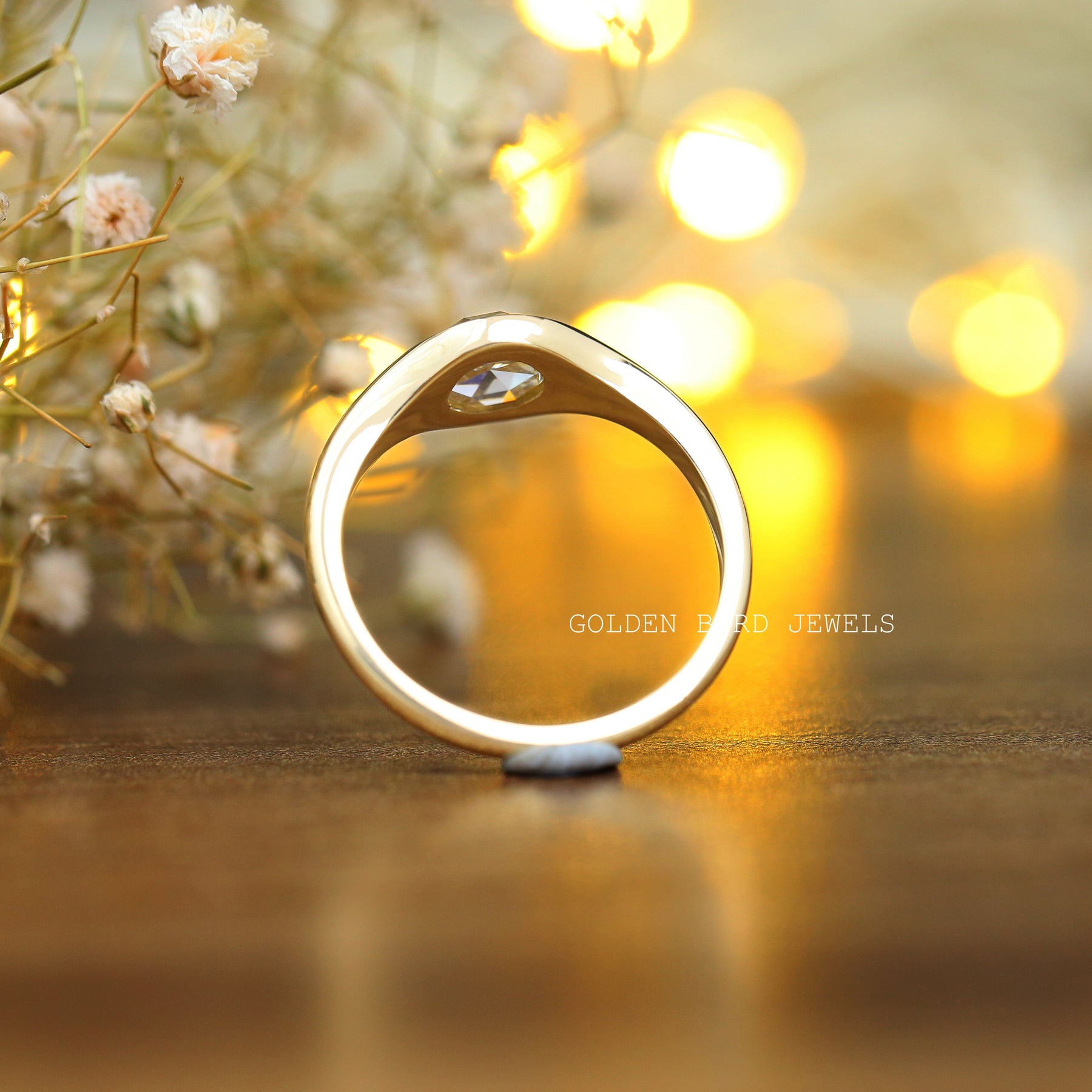 [Back view of rose cut round bezel set moissanite ring]-[Golden Bird Jewels]
