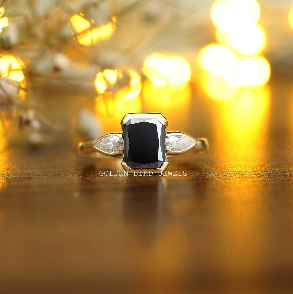 View of Radiant Cut Moissanite Three Stone Ring