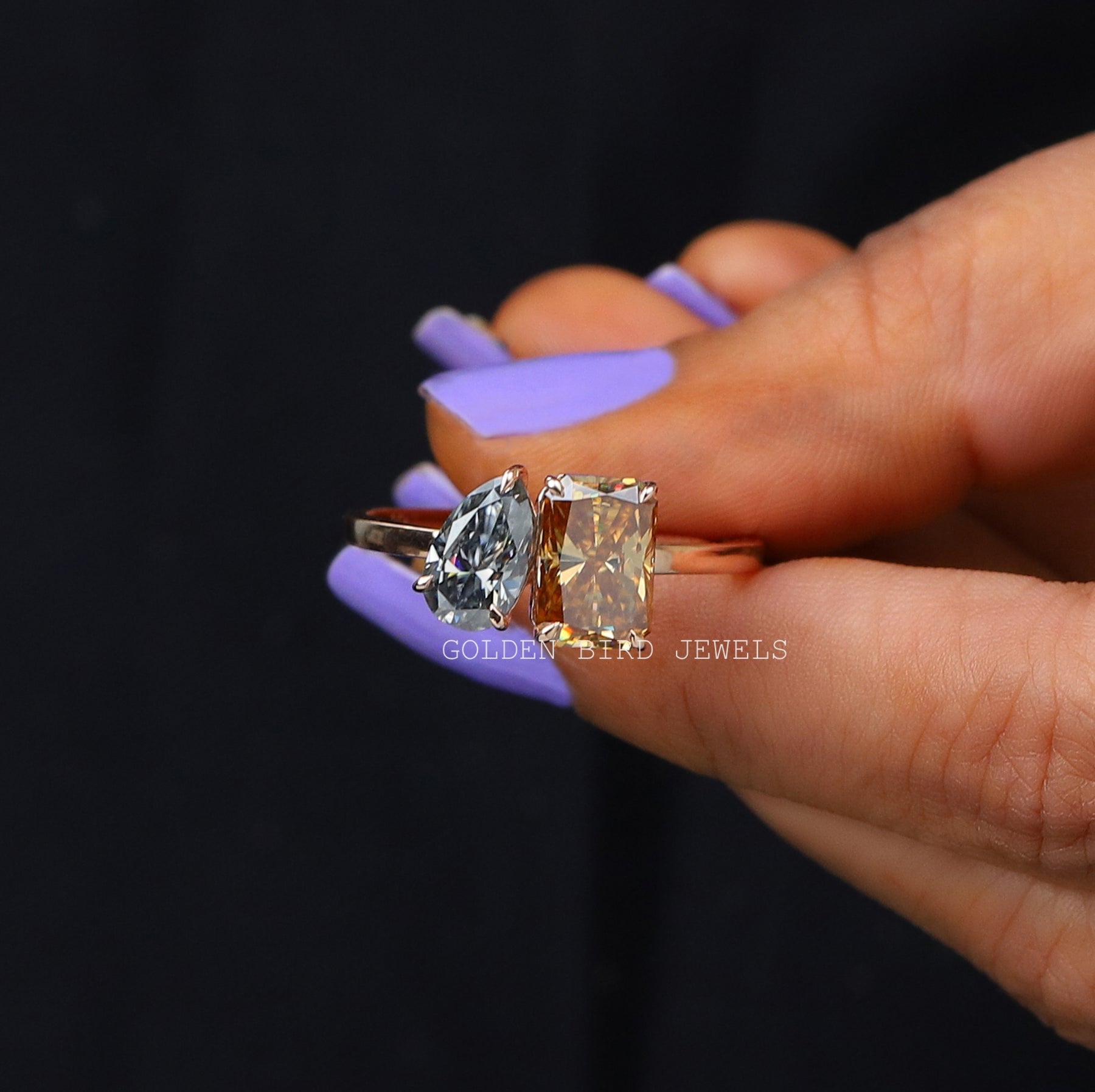 Radiant & Pear Cut Fancy Colored Moissanite Toi Moi Ring