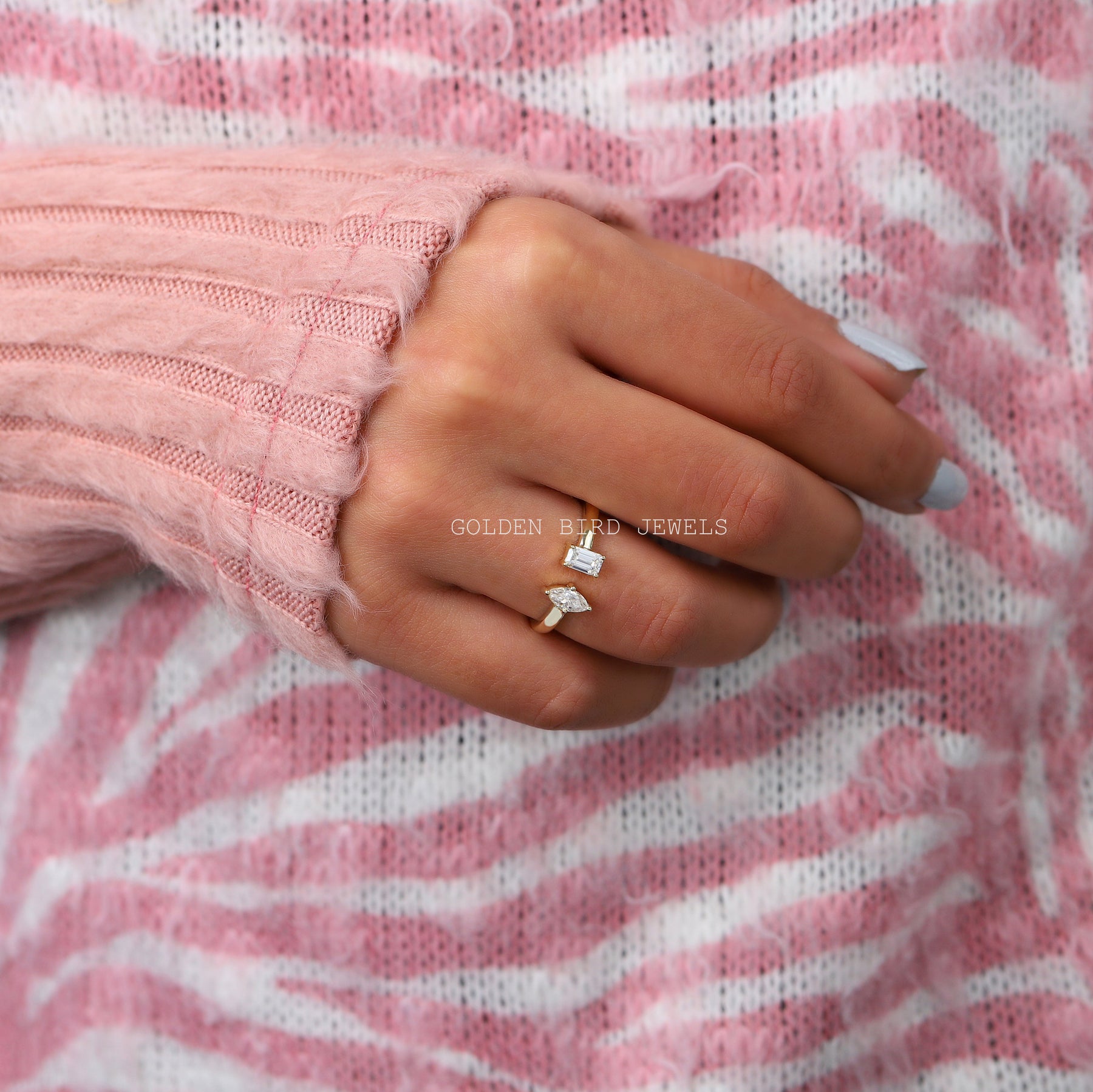 [Two Stone Open Ring Made Of Marquise & Emerald Cut Stones]-[Golden Bird Jewels]