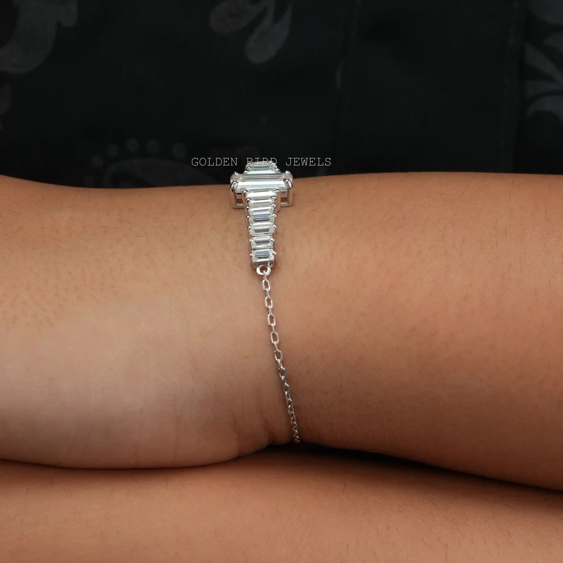 hand side view of 950 platinum VVS clarity moissanite tennis chain bracelet