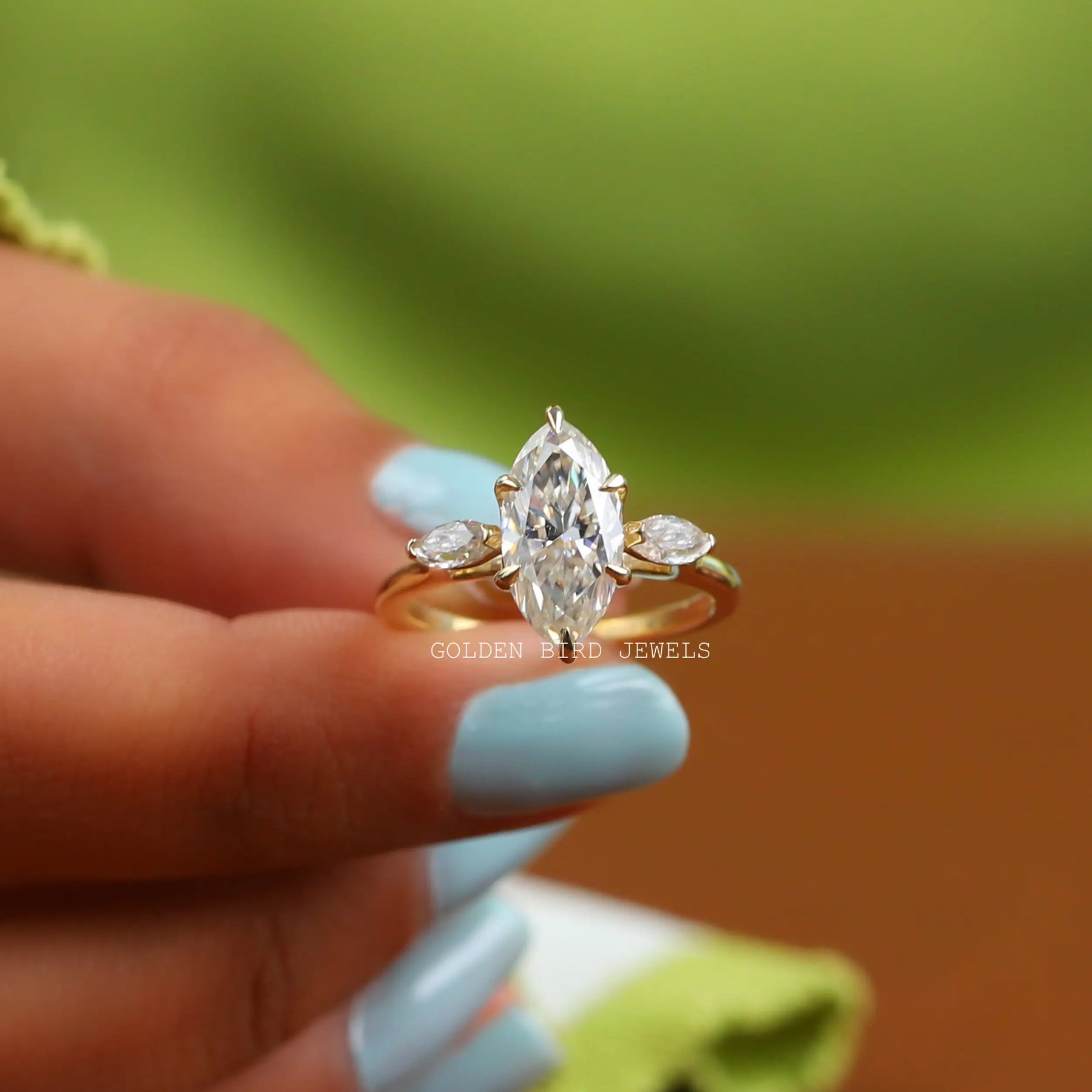 [Three Stone Marquise Cut Moissanite Engagement Ring With Two Side Stones]-[Golden Bird Jewels]