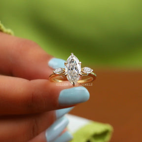 [Three Stone Marquise Cut Moissanite Engagement Ring With Two Side Stones]-[Golden Bird Jewels]