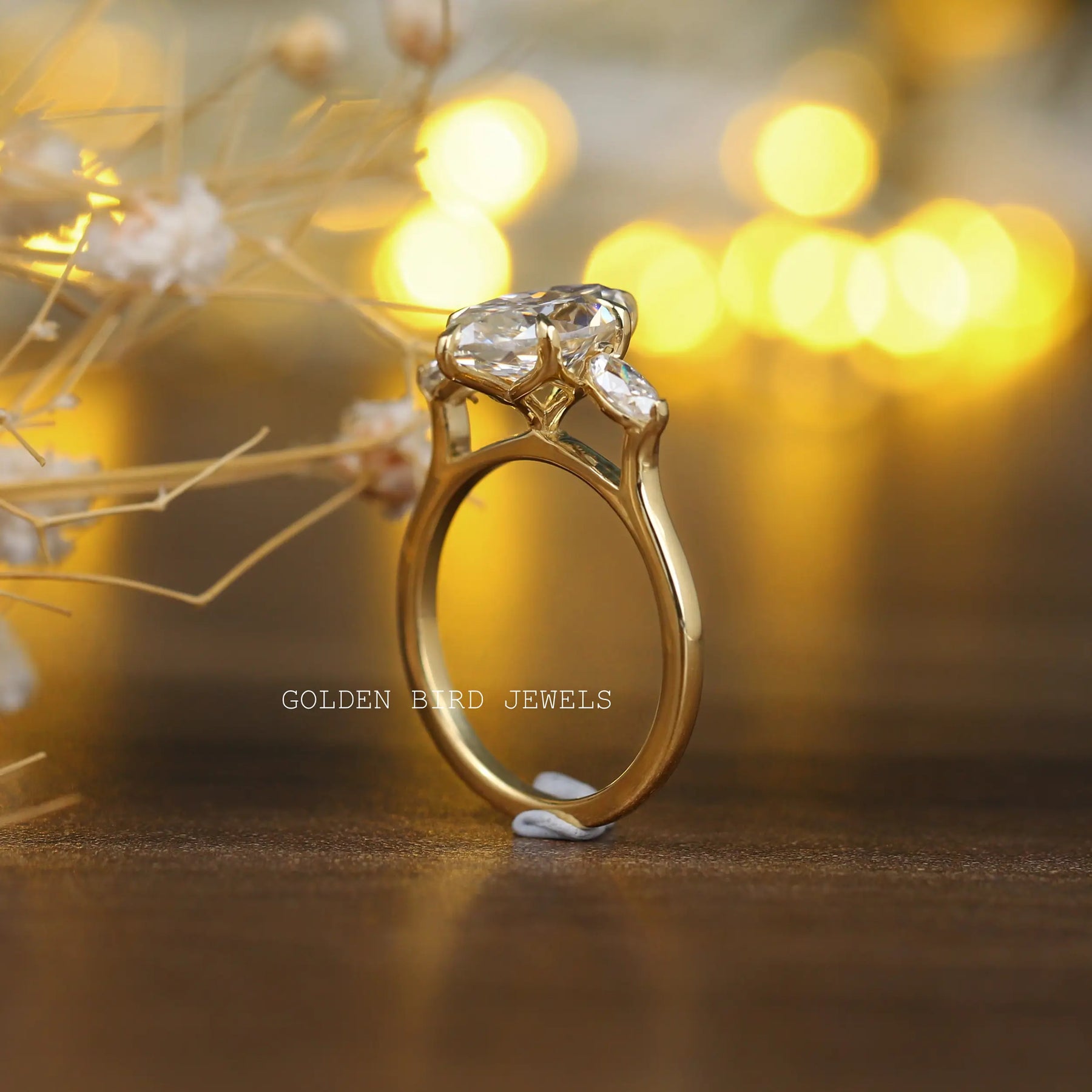 [Three Stone Marquise Cut Engagement Ring Set In Cathedral]-[Golden Bird Jewels]