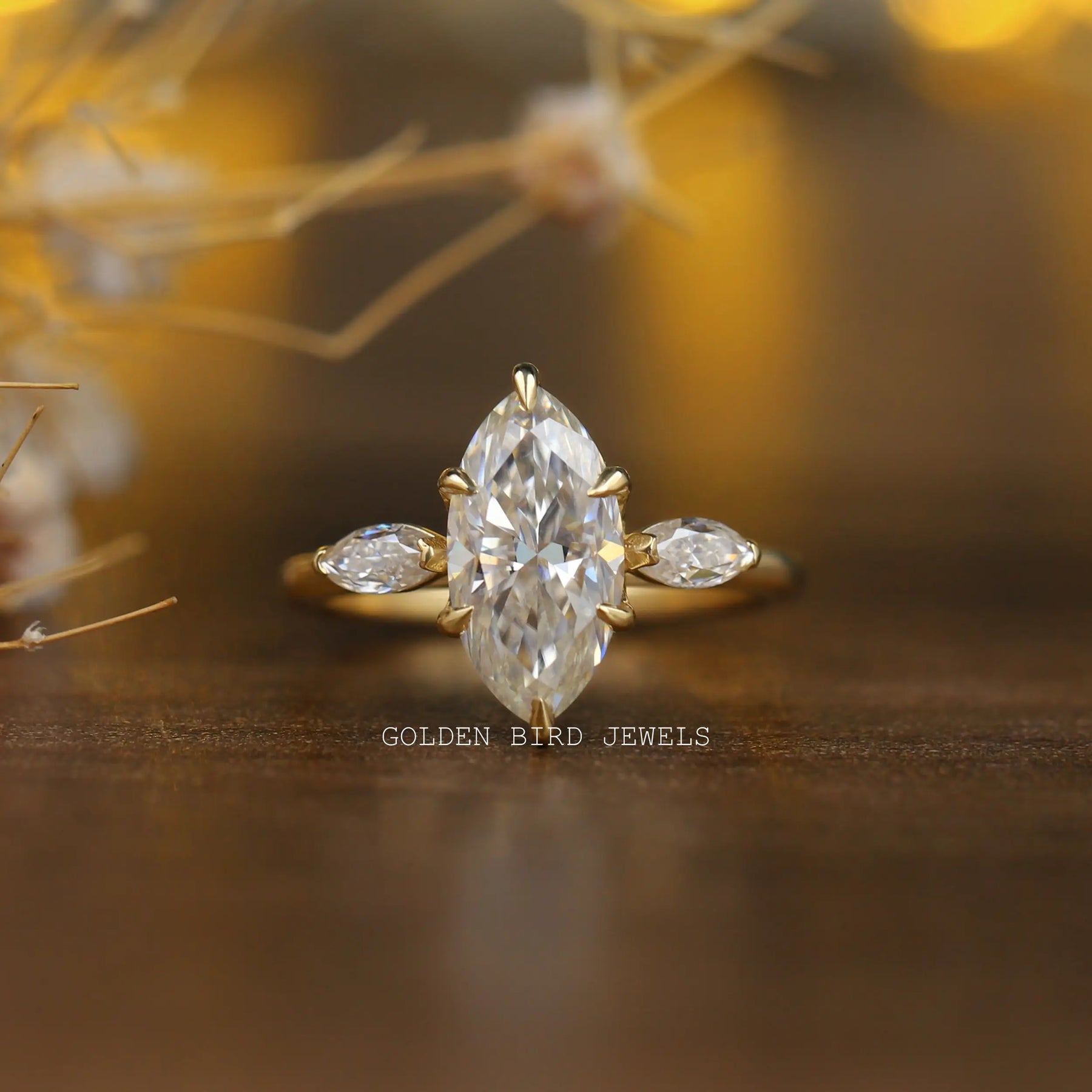 [1.95 Carat Marquise Cut Moissanite Three Stone Engagement Ring]-[Golden Bird Jewels]