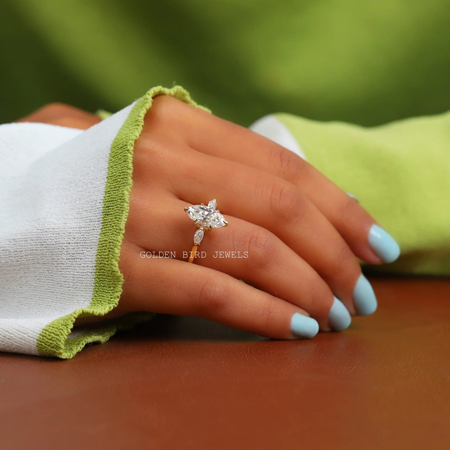 [Moissanite Three Stone Engagement Ring With Side Marquise Cut Stones]-[Golden Bird Jewels]