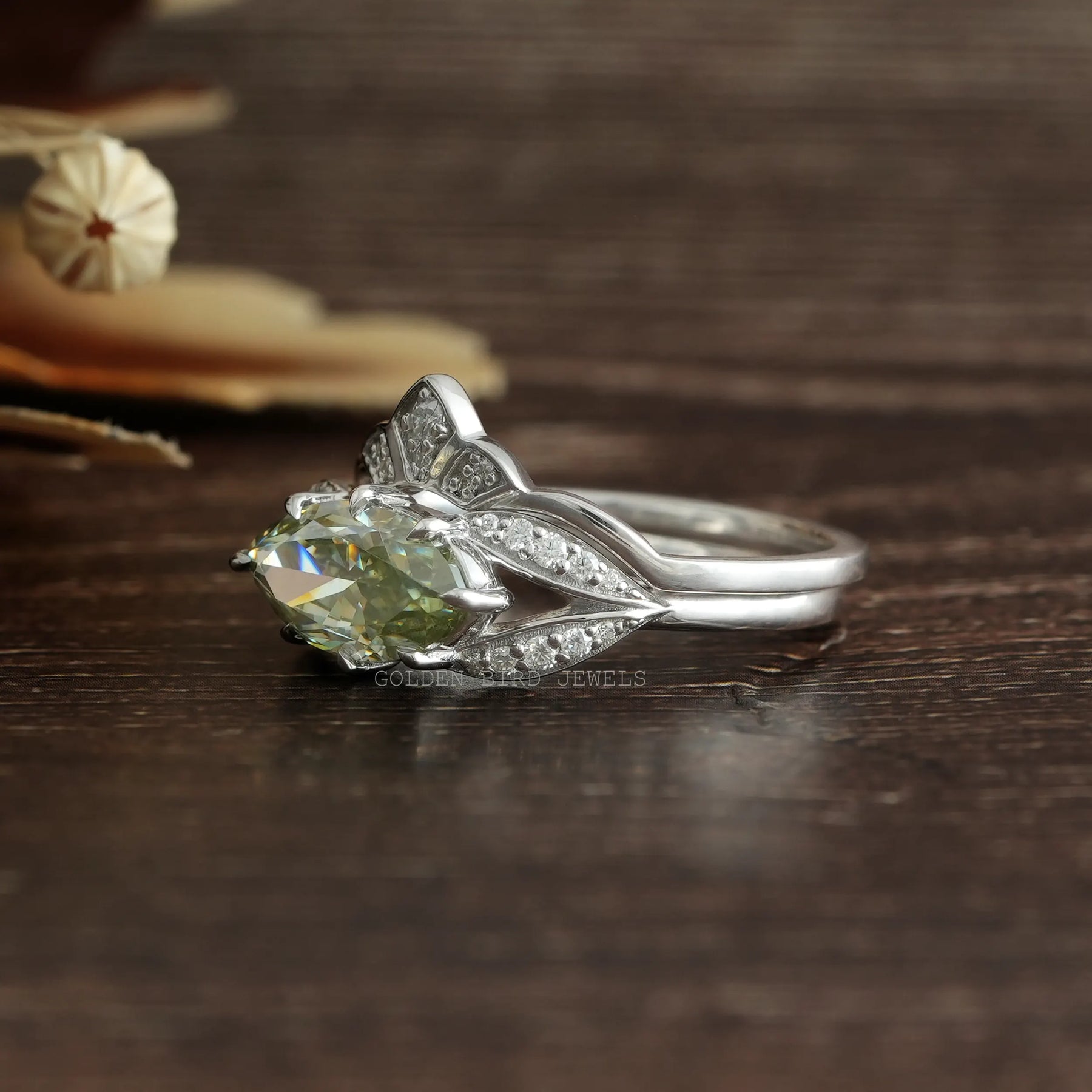 [Marquise Moissanite Wedding Ring Set made Of 18k White Gold]-[Golden Bird Jewels]