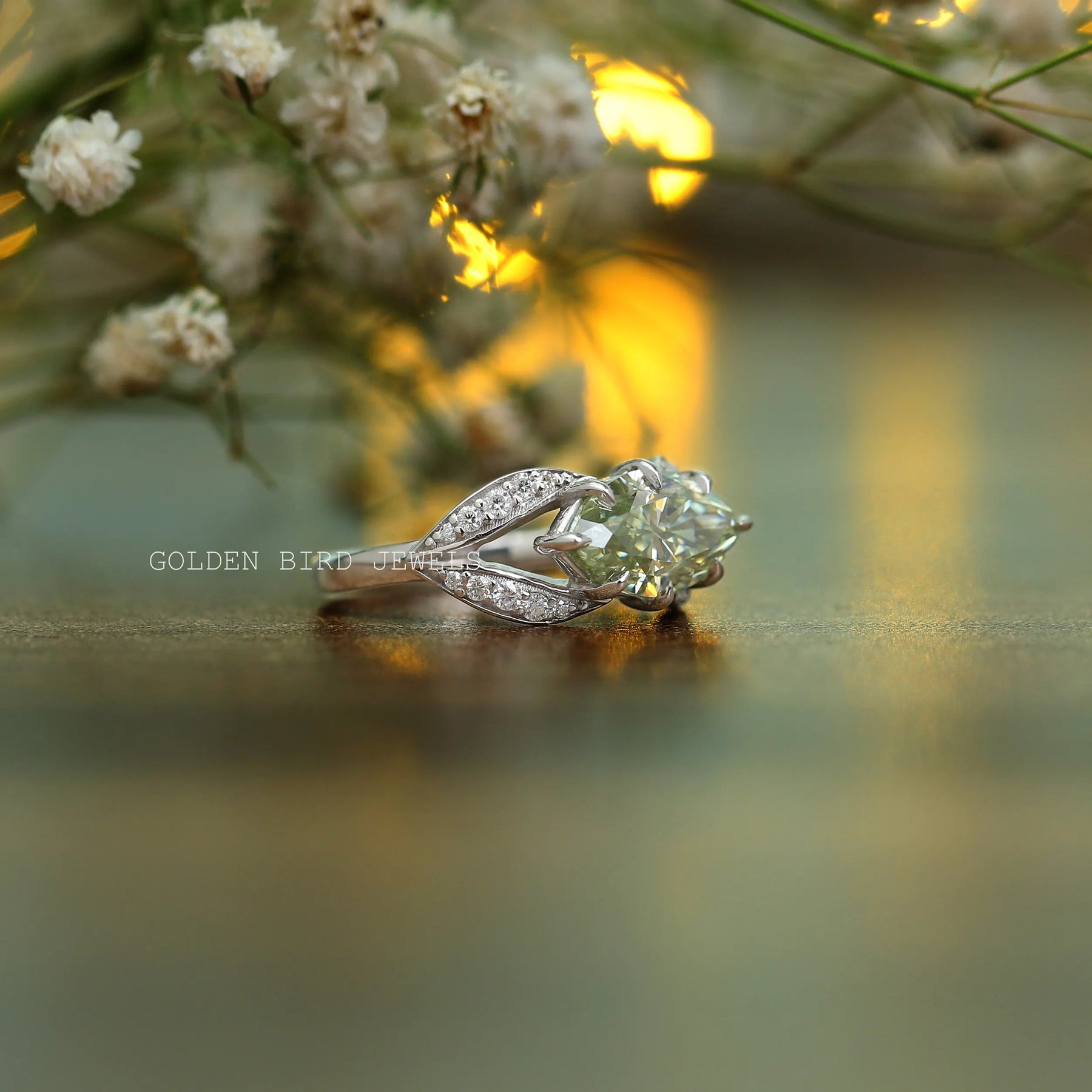 Side View Of East West Set Green Marquise Cut Moissanite Wedding Ring