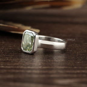 Left Side View Of Mint Green Moissanite Bezel Set Solitaire Ring In White Gold