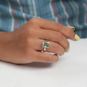 In Finger View Of Radiant Cut Bezel Set Moissanite Ring