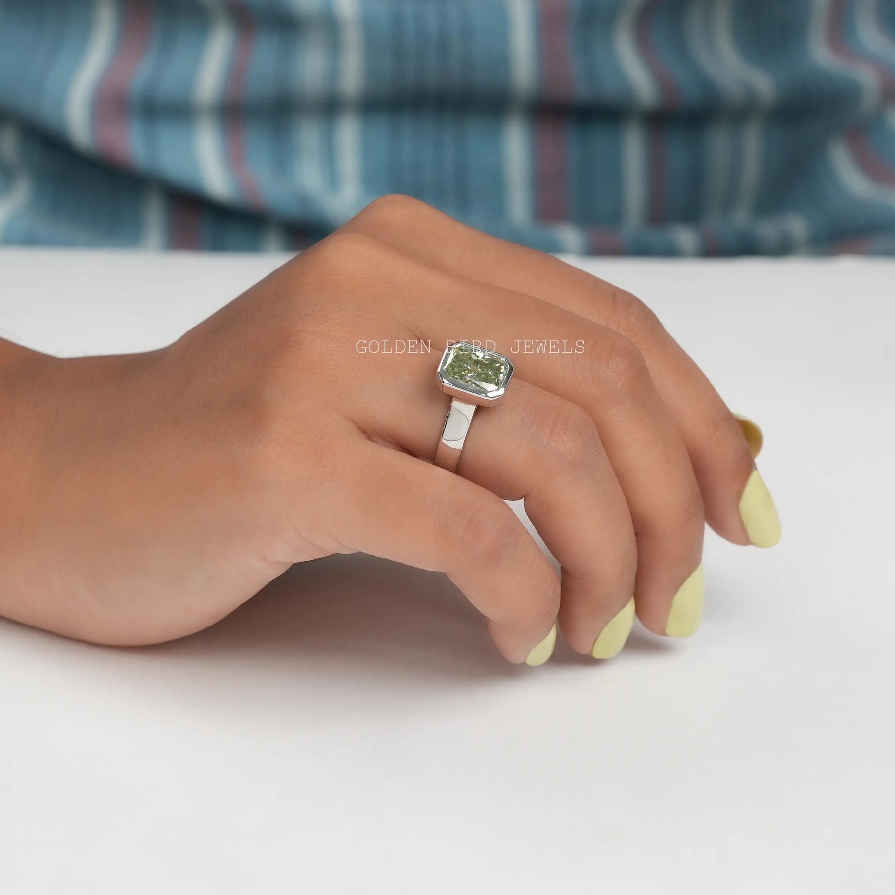 [White Gold Mint Green Radiant Cut Solitaire Ring]-[Golden Bird Jewels]