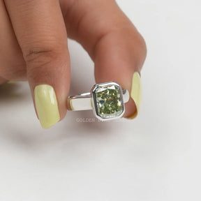 Beautiful Front View Of Mint Green Radiant Bezel Set Moissanite Engagement Ring