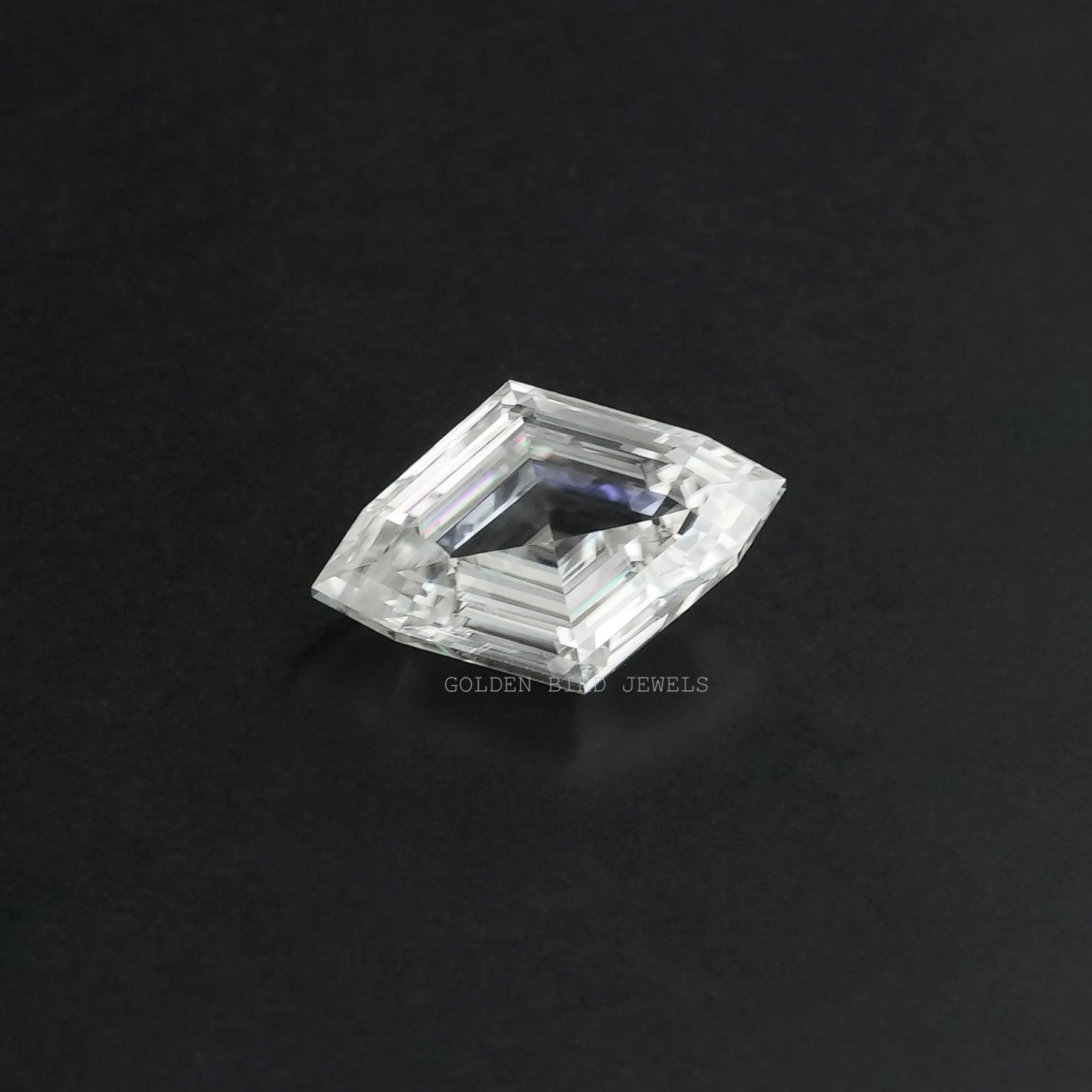 front look of 2.26 carat modified and antique cut marquise shaped moissanite stone