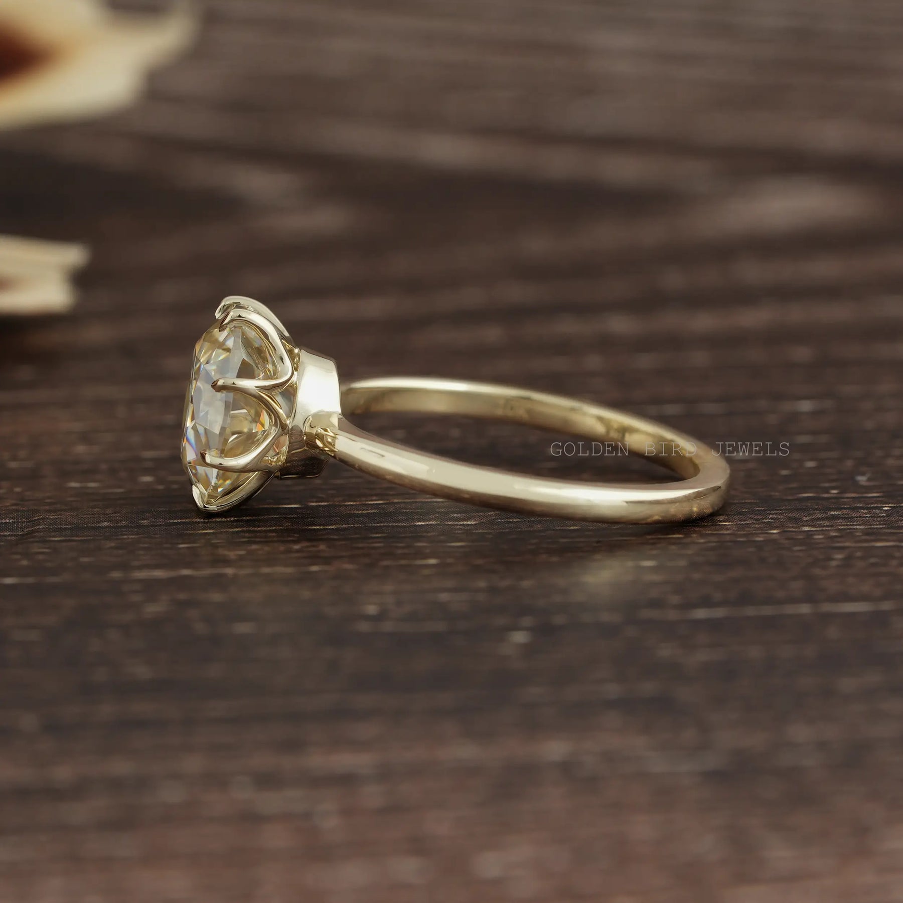 [Round Cut Moissanite Engagement Ring In 14k Yellow Gold]-[Golden Bird Jewels]