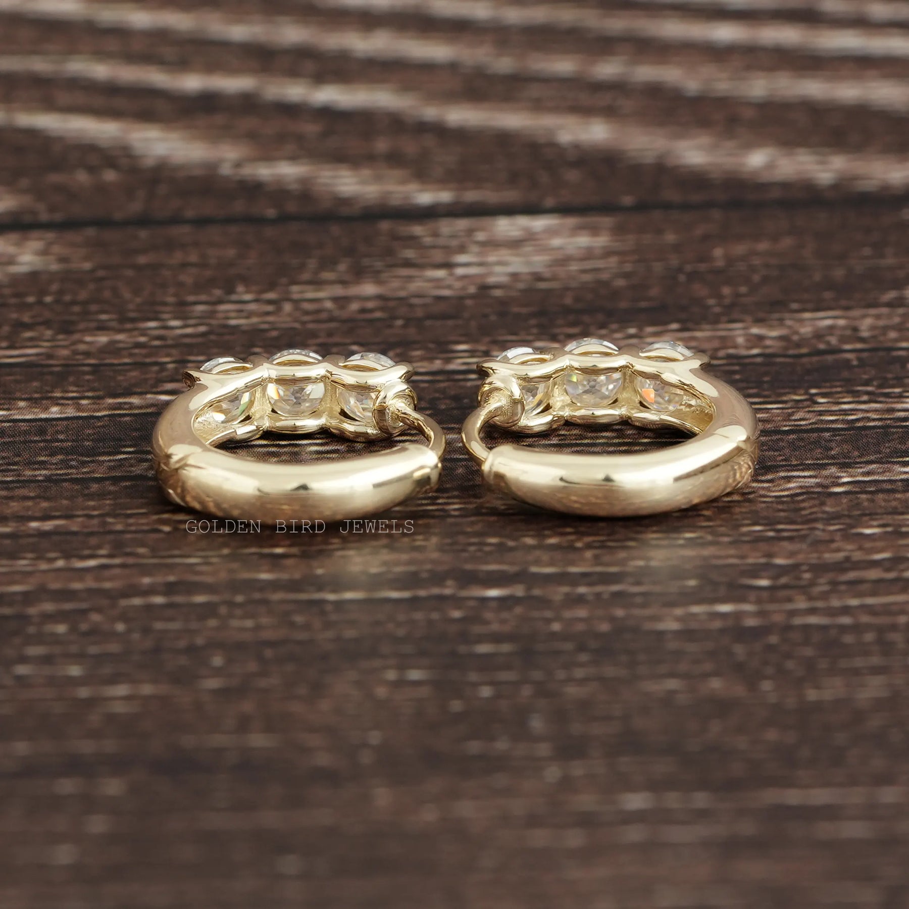 [Back view of round cut moissanite earrings made of yellow gold]-[Golden Bird Jewels]