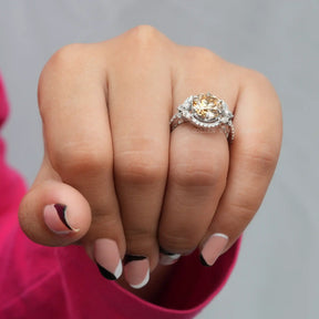 [Halo cluster moissanite ring made of old european round cut stone made in 18k white gold]