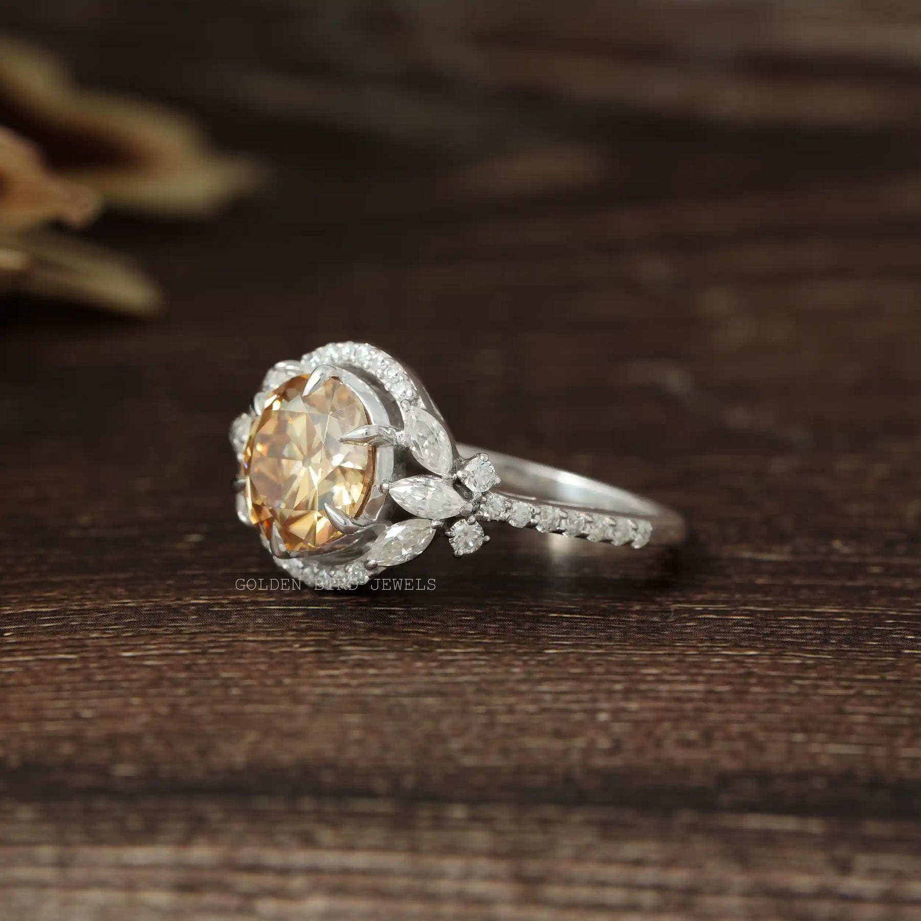 [old european round cut moissanite halo cluster ring set in prong setting]-[Golden Bird Jewels]