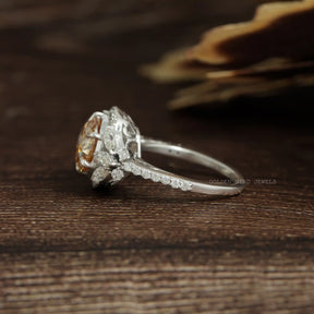 [Side view of old european round cut moissanite halo cluster ring crafted with 18k white gold]