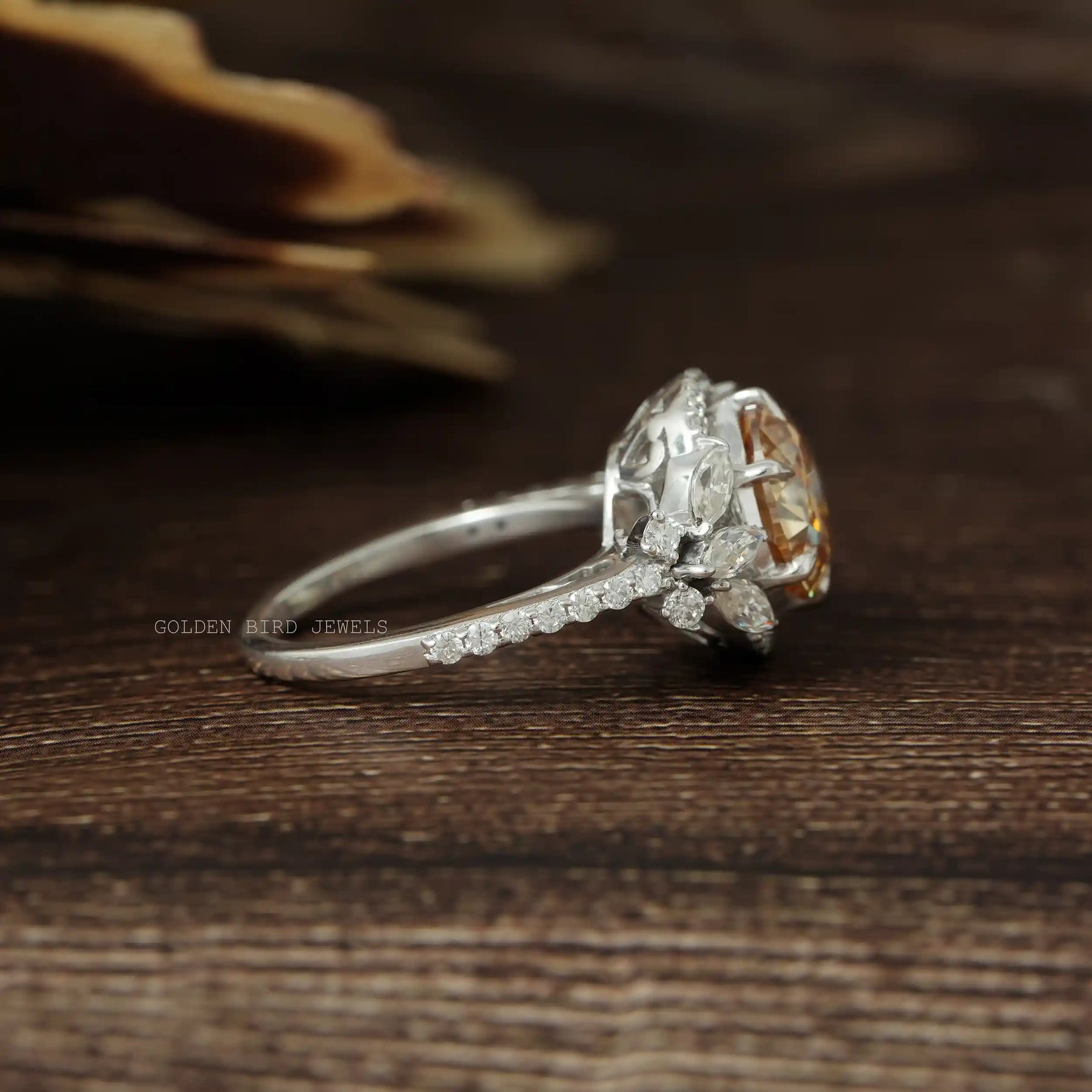[This halo cluster moissanite ring made in champagne old european round cut moissanite]-[Golden Bird Jewels]