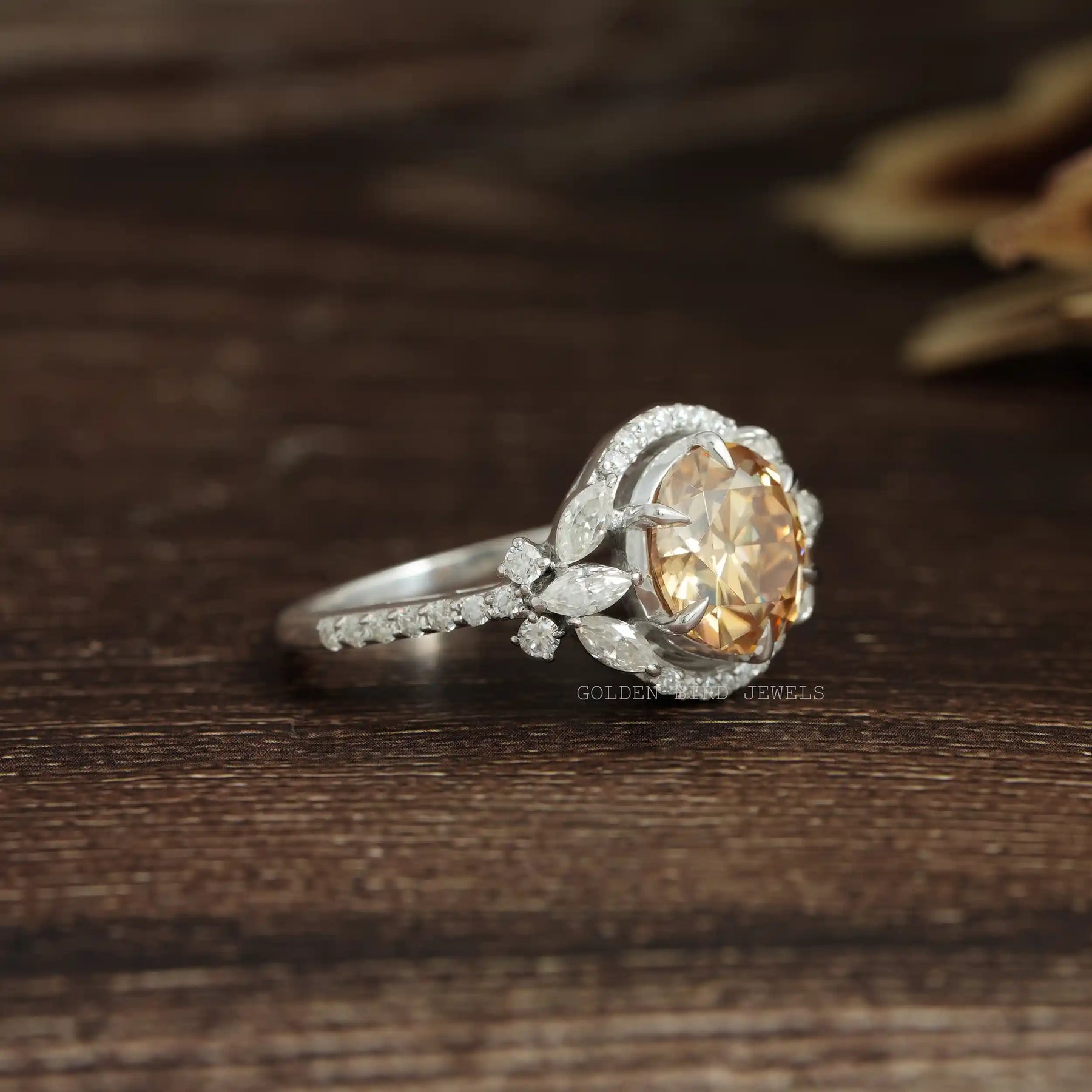 [Cluster moissanite round cut halo ring with VVS clarity moissanite]-[Golden Bird Jewels]