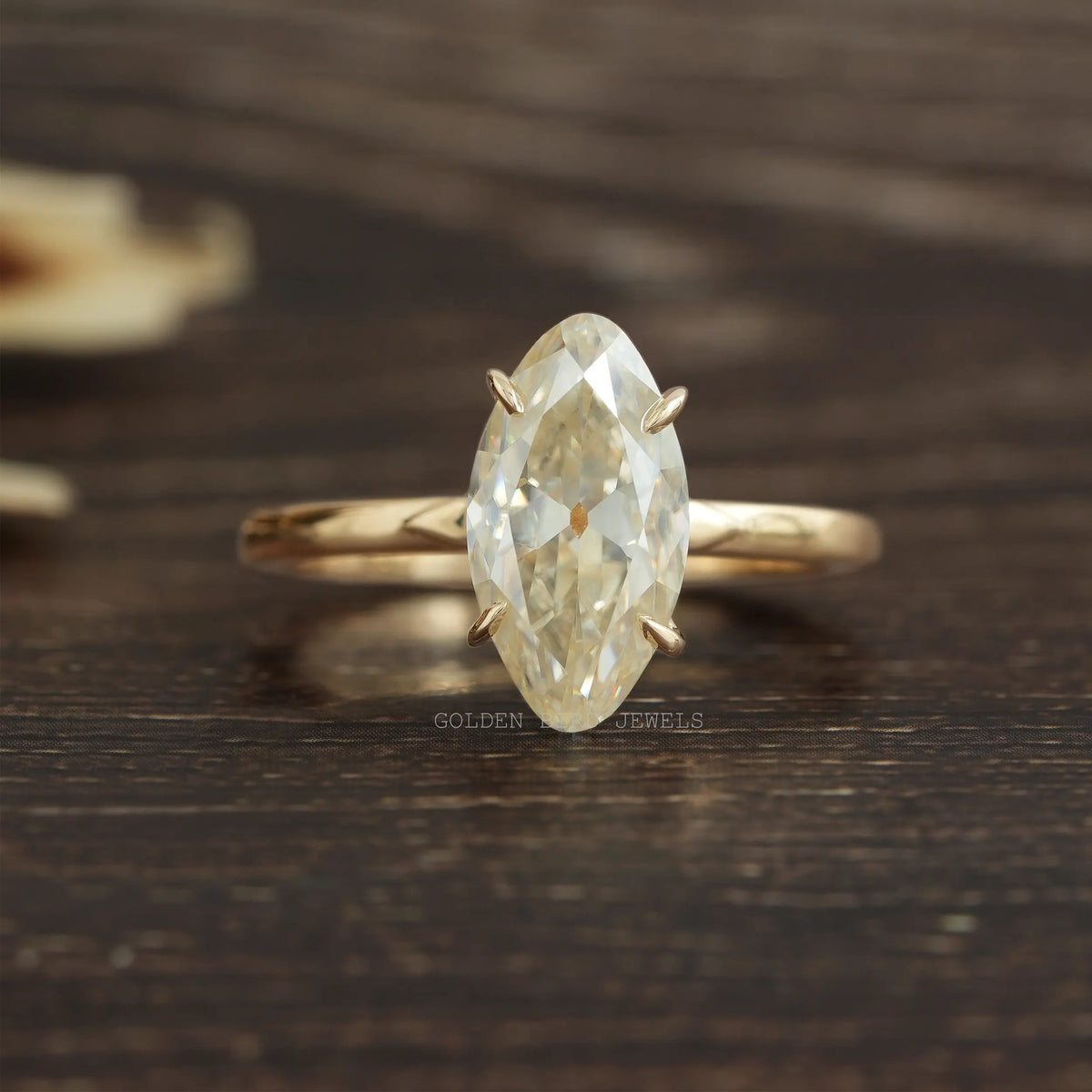[Off White Old Mine Marquise Cut Moissanite Solitaire Ring]-[Golden Bird Jewels]