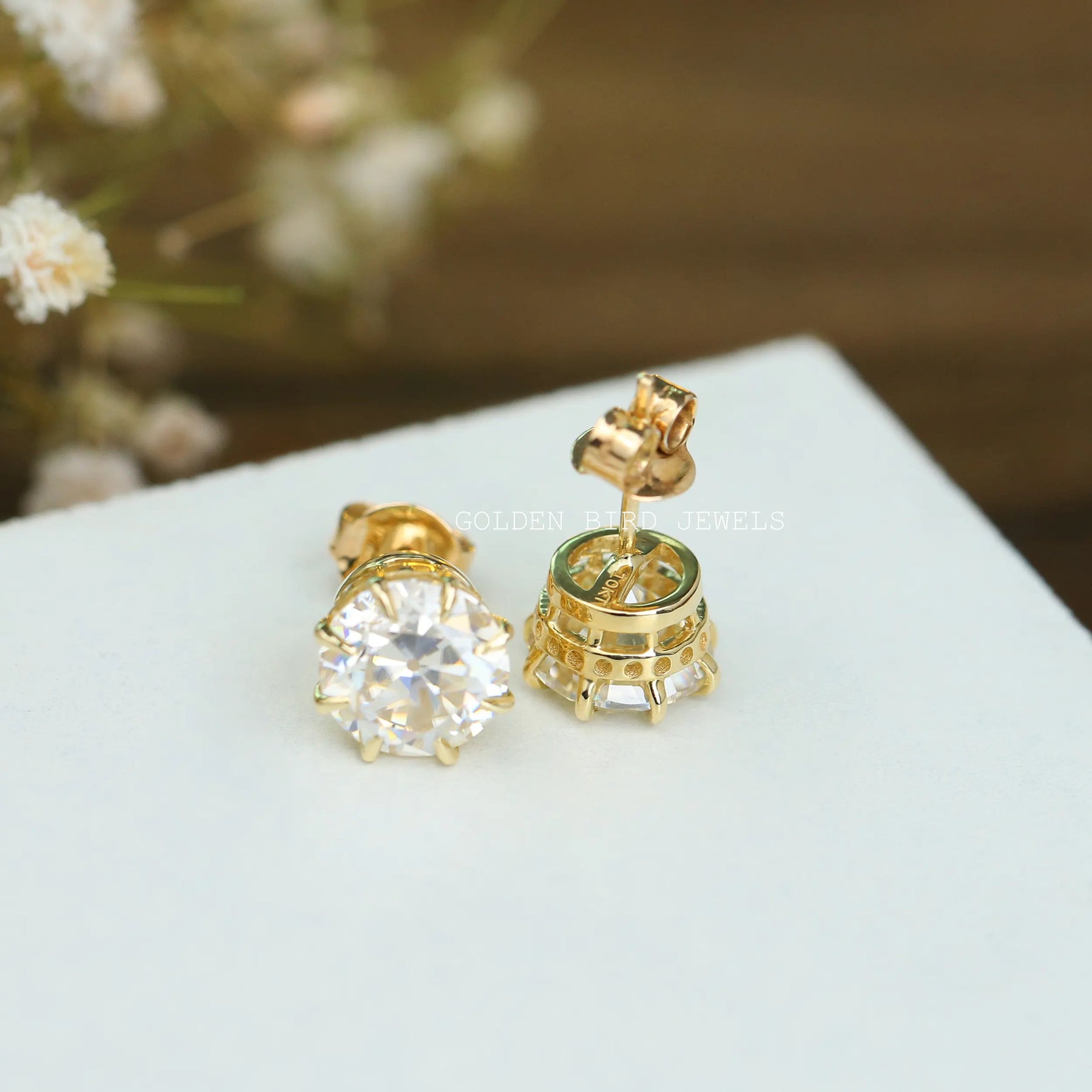 [Old European Round Cut Moissanite Stud Earrings With Push Back]--[Golden Bird Jewels]