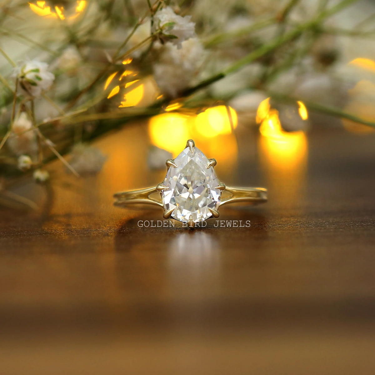 [Old Mine Pear Cut Moissanite Solitaire Engagement Ring]-[Goden Bird Jewels]