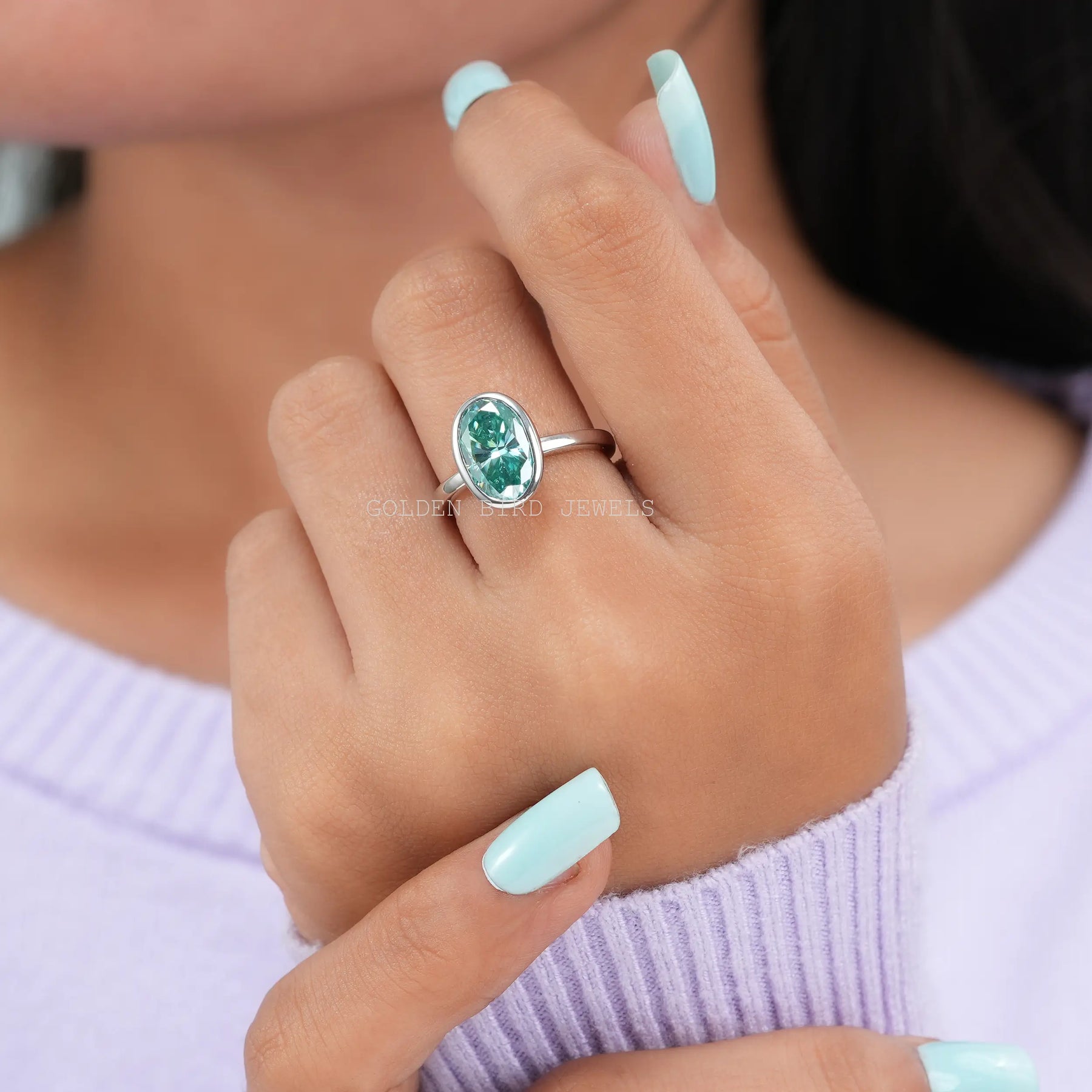 Oval Cut Moissanite Bezel Setting Solitaire Engagement Ring