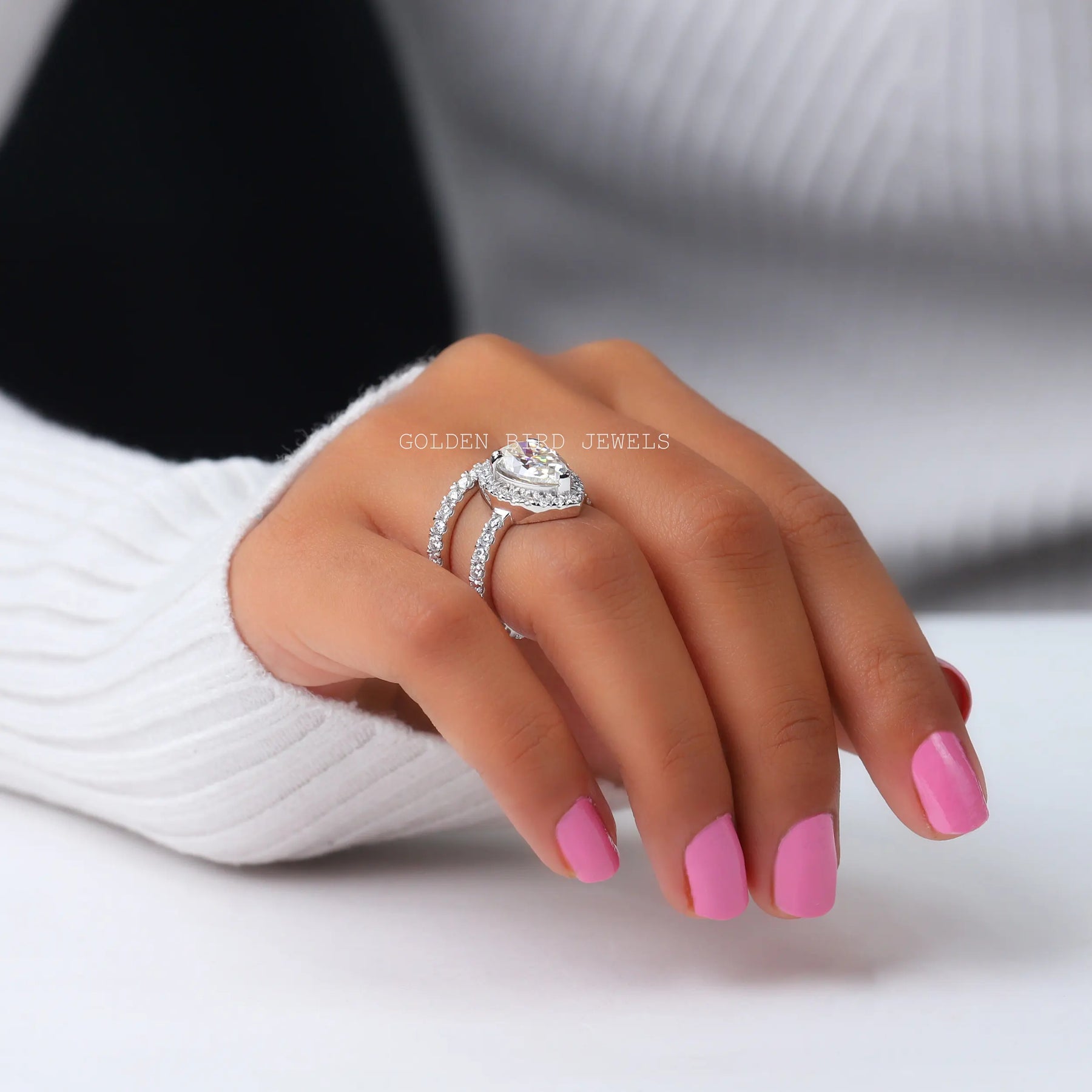Pear Cut Moissanite Bridal Halo Ring With Matching Band Set