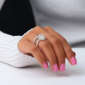 Pear Cut Moissanite Halo Ring With Matching Band