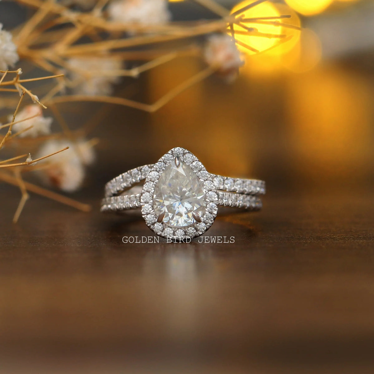 View of Pear Cut Moissanite Engagement Ring In White Gold