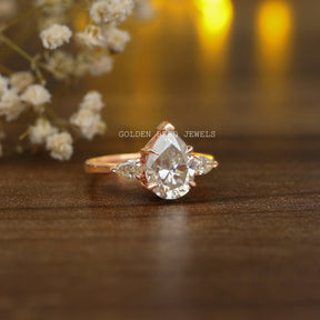 [3 Stone Pear Cut Moissanite Anniversary Ring]-[Golden Bird Jewels]